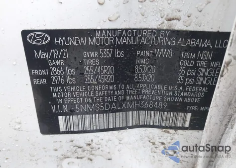 2021 Hyundai Santa Fe Calligraphy z USA, uszkodzony, nr VIN 5NMS5DALXMH368489